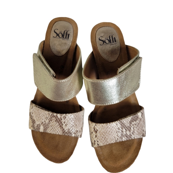Sofft gold and animal print leather strap wedge sandals Size 8.5 - Picture 4 of 11